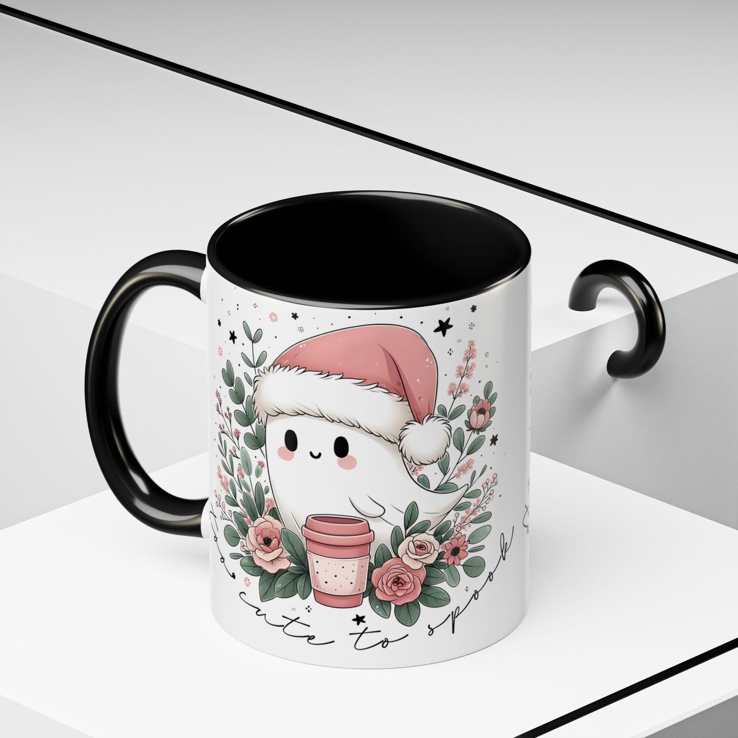 Too Cute to Spook Mug | Ghost with Pink Santa Hat & Coffee | Pastel Christmas Holiday Mug