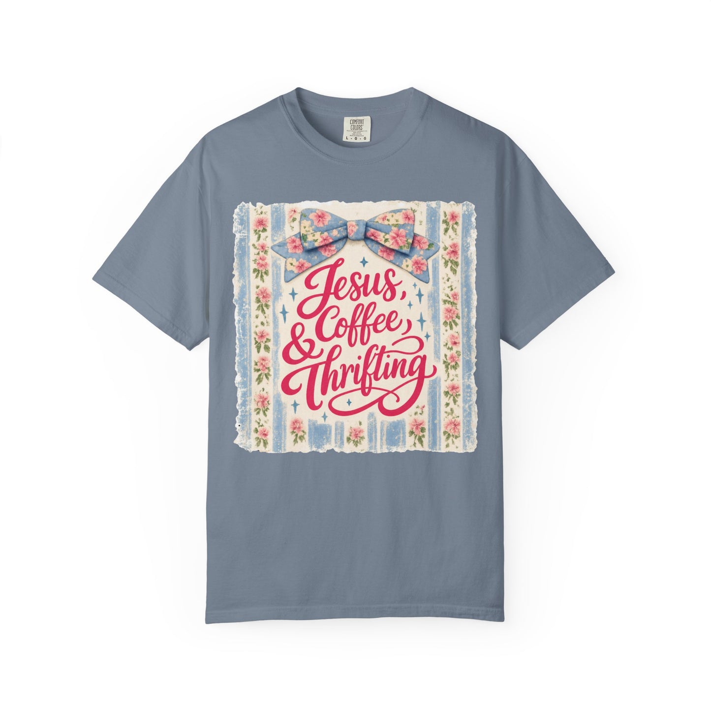 Jesus, Coffee & Thrifting Tee — Antique Fresh Brew Faith Shirt with Stripes & Bow
