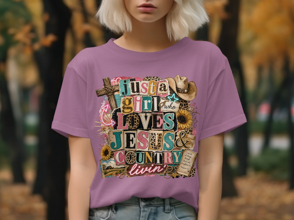 Just a girl who loves Jesus and country livin' t-shirt with cross and cowboy hat.