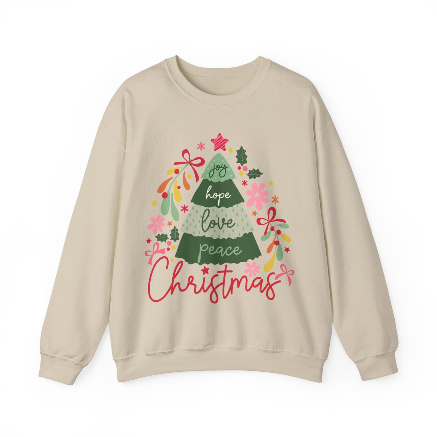 Christmas Tree  Sweatshirt — Joy Hope Love Peace Holiday Pullover