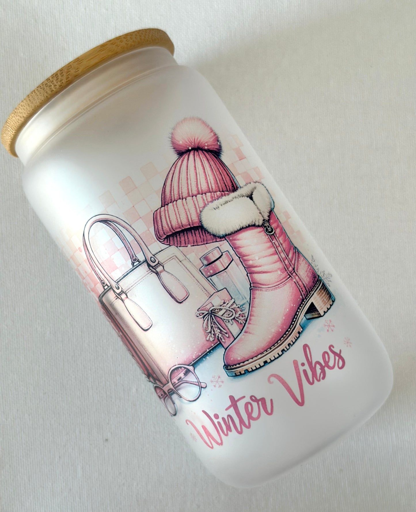 Winter Vibes Sipper Glass Can Tumbler, 16oz Pink Girly Cold Weather Stocking Hat Boots Purse