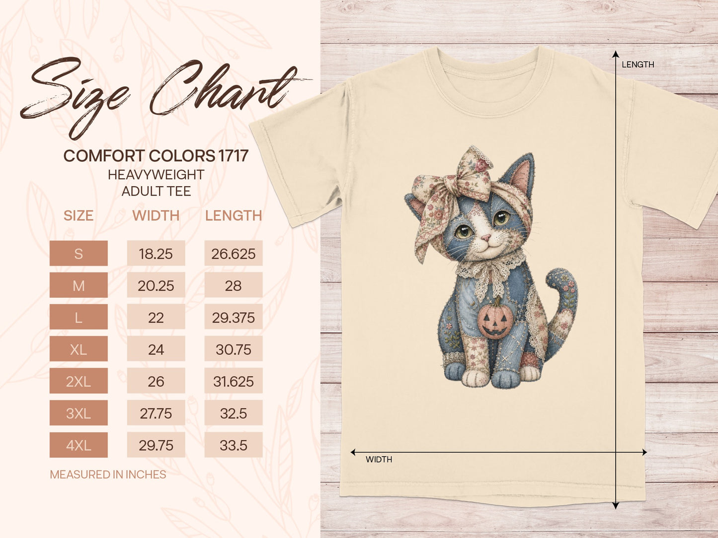 Comfort Colors 1717 adult tee size chart with width and length measurements in inches.