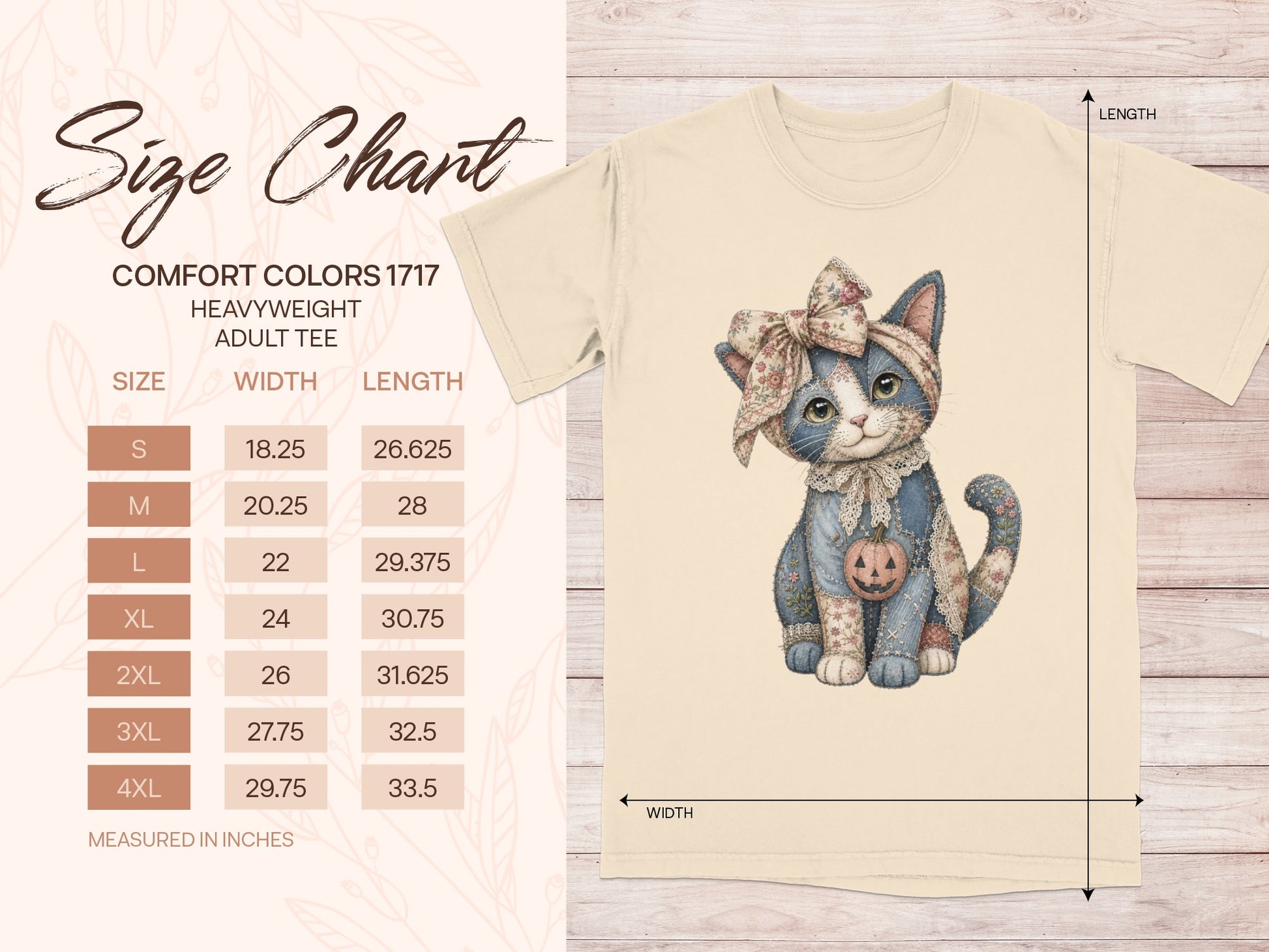 Comfort Colors 1717 adult tee size chart with width and length measurements in inches.