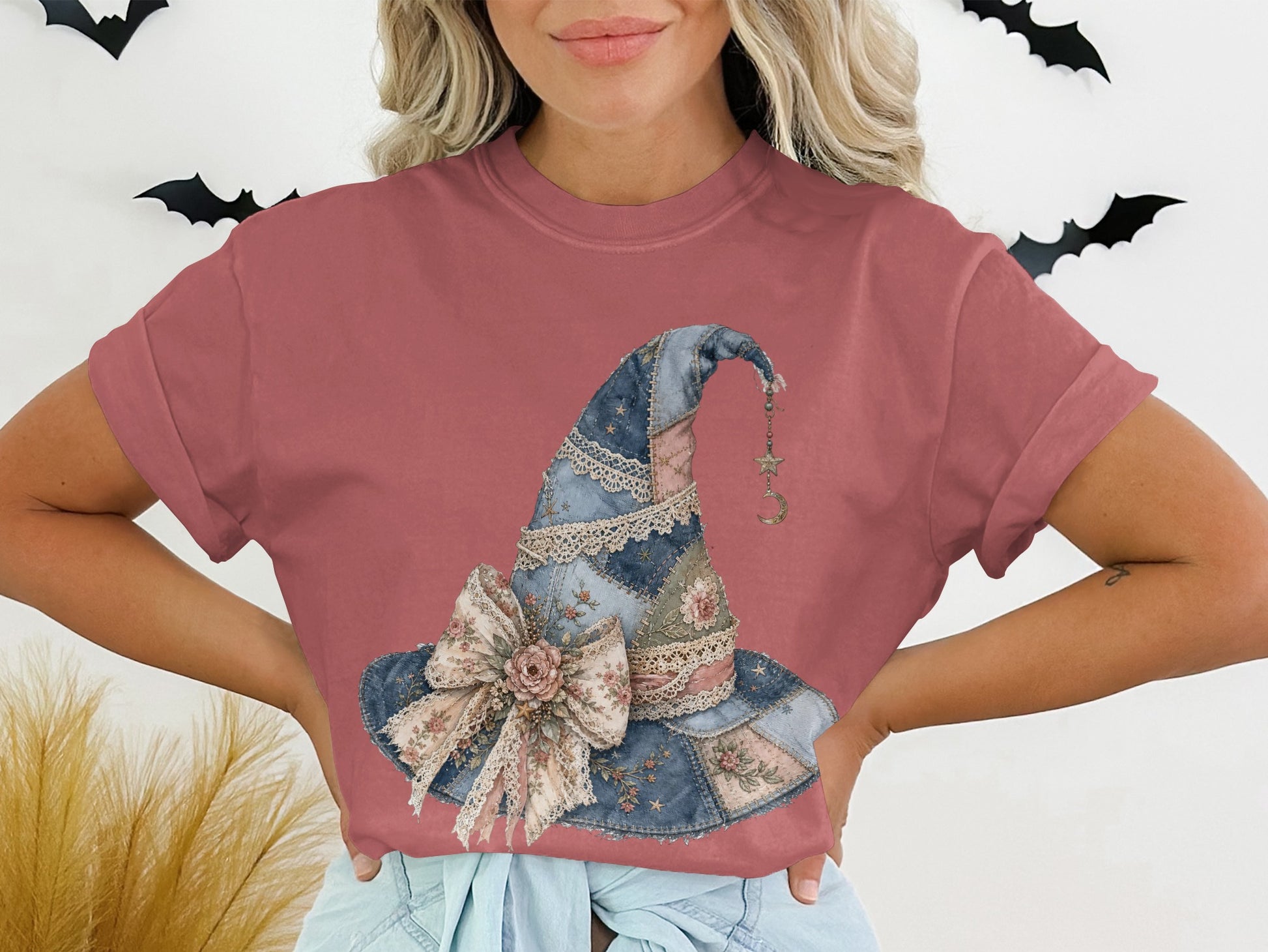 Rose t-shirt with quilted witch hat graphic adorned with a floral bow.