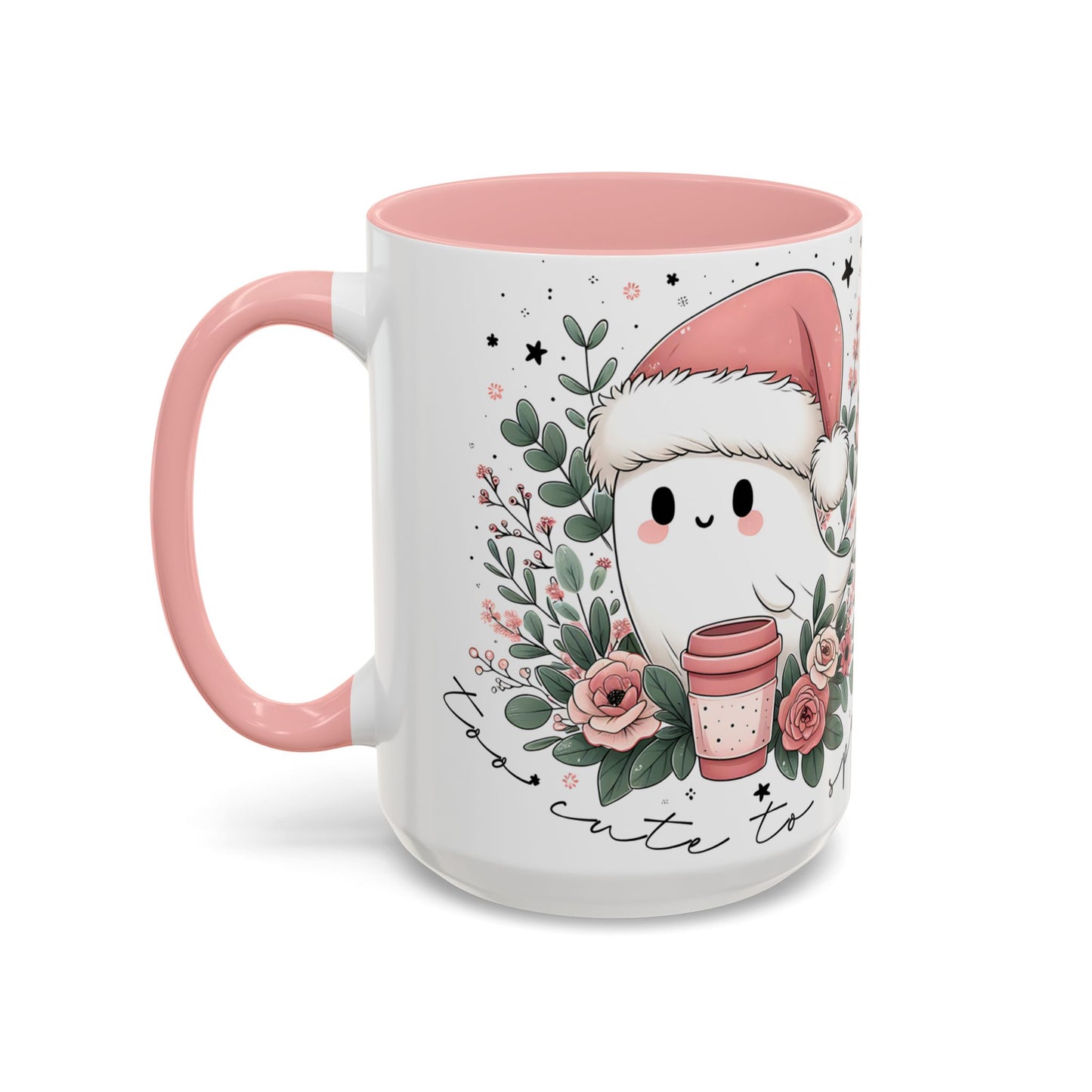 Too Cute to Spook Mug | Ghost with Pink Santa Hat & Coffee | Pastel Christmas Holiday Mug