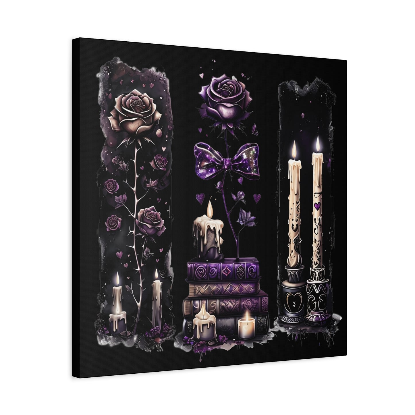 Gothic Booklover Canvas Print — Dark Roses & Stacked Books Wall Art