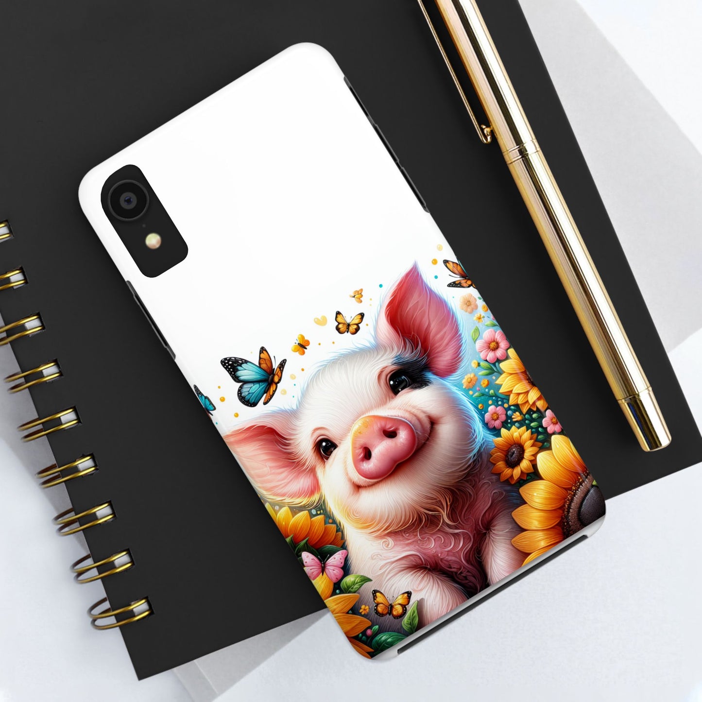 Cute Pig Surrounded With Sunflowers and Butterflies Phone Case