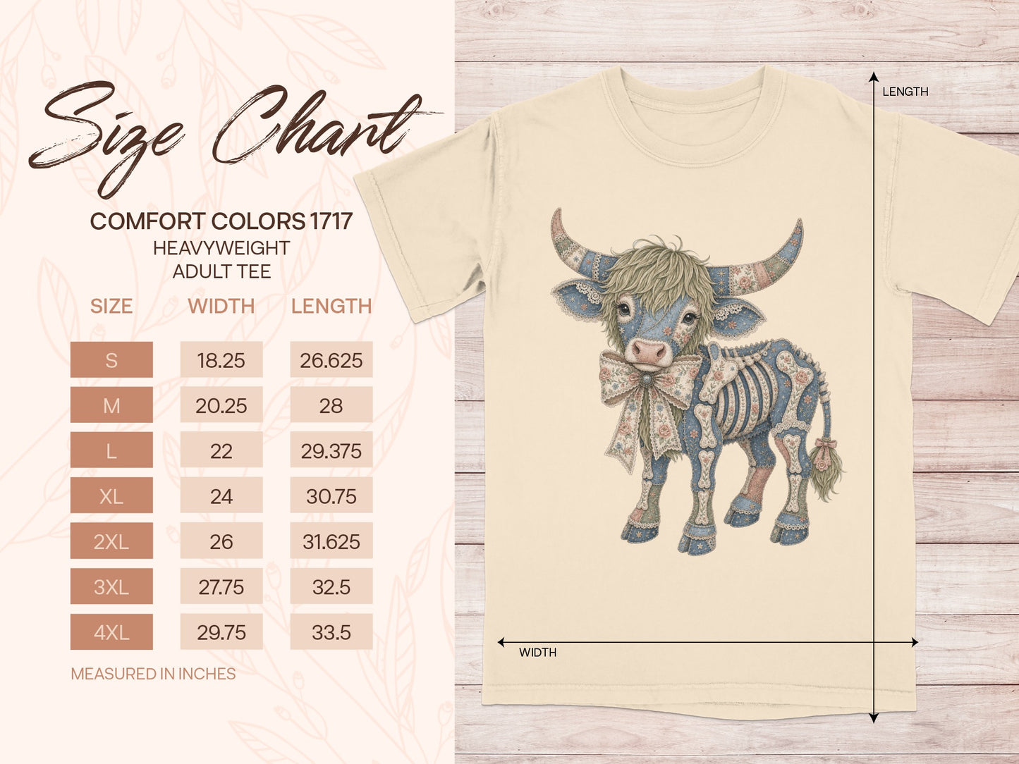 Size chart for Comfort Colors 1717 heavyweight adult tee with cow graphic.