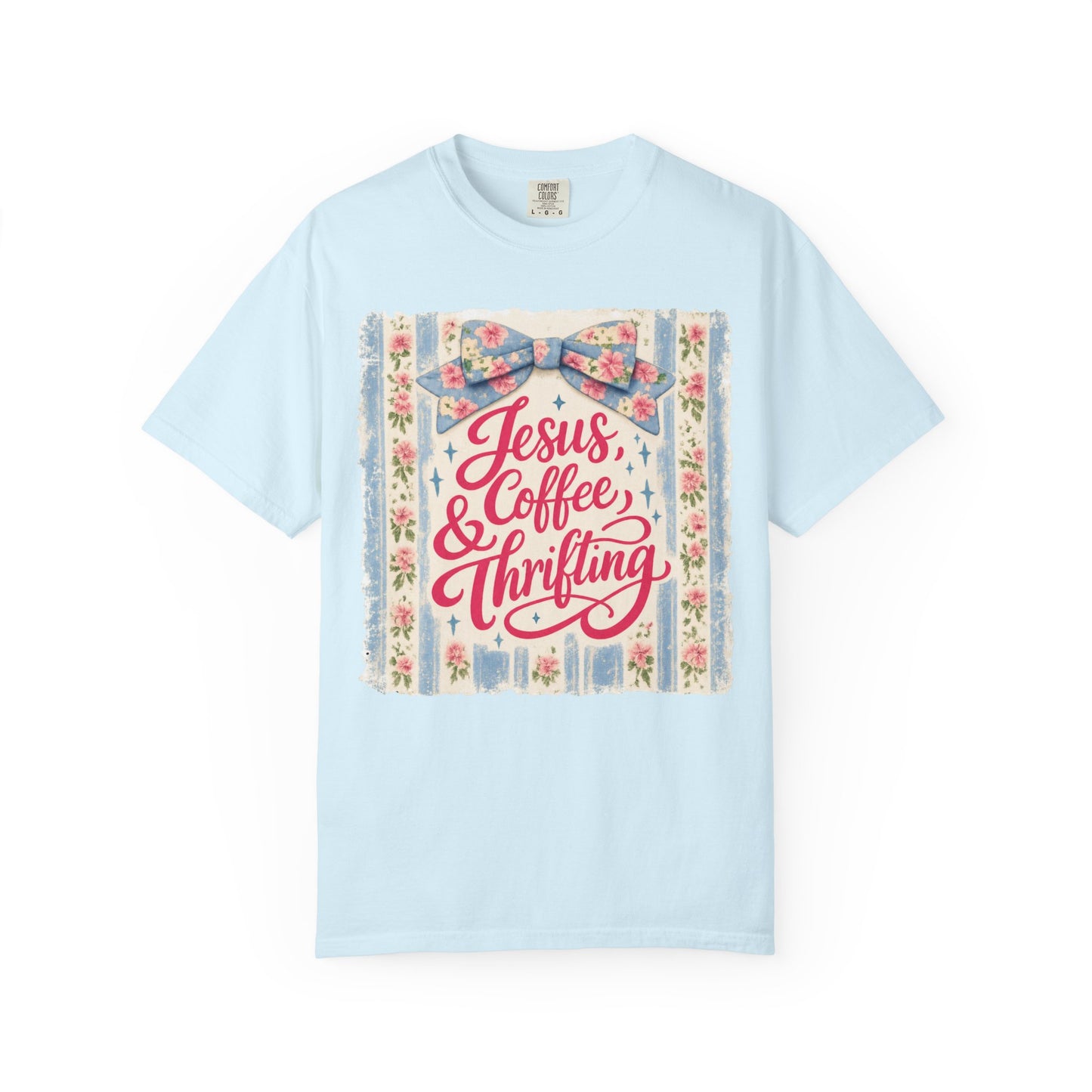 Jesus, Coffee & Thrifting Tee — Antique Fresh Brew Faith Shirt with Stripes & Bow