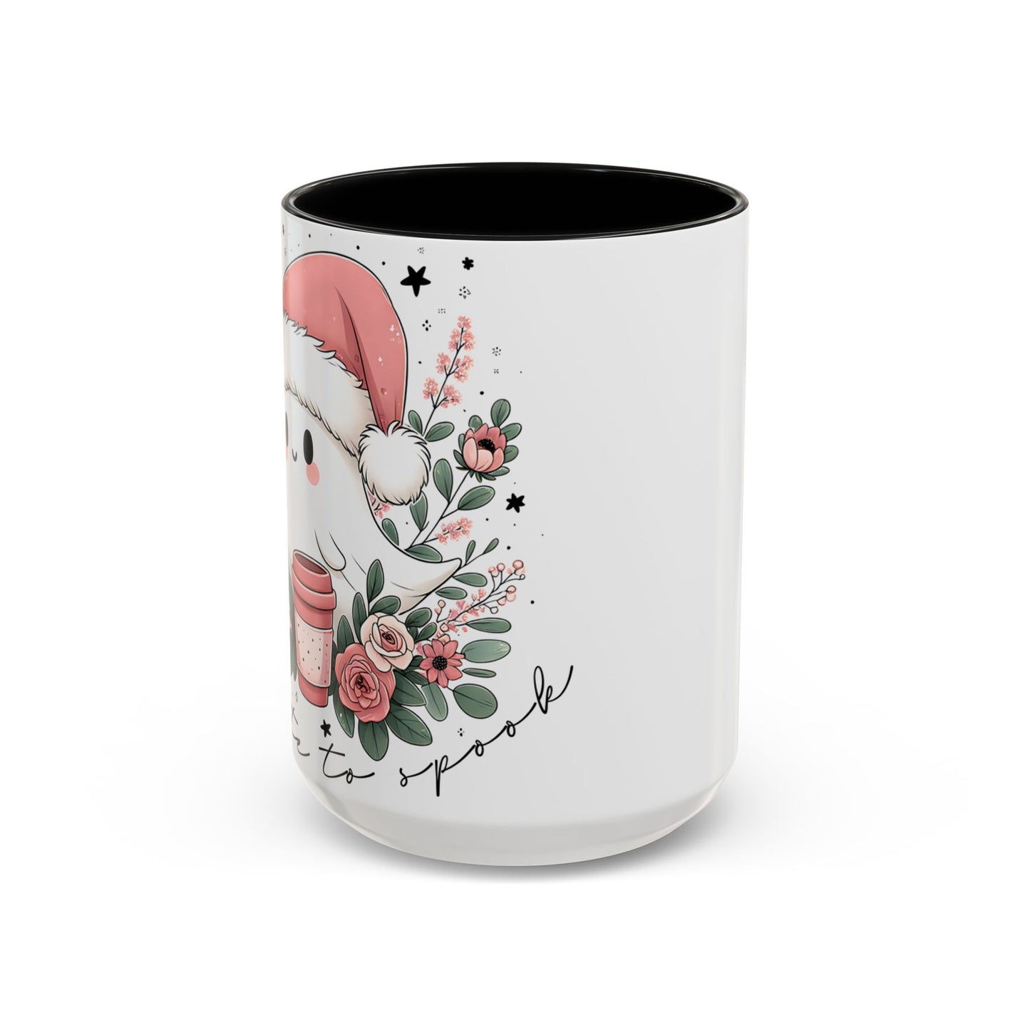 Too Cute to Spook Mug | Ghost with Pink Santa Hat & Coffee | Pastel Christmas Holiday Mug
