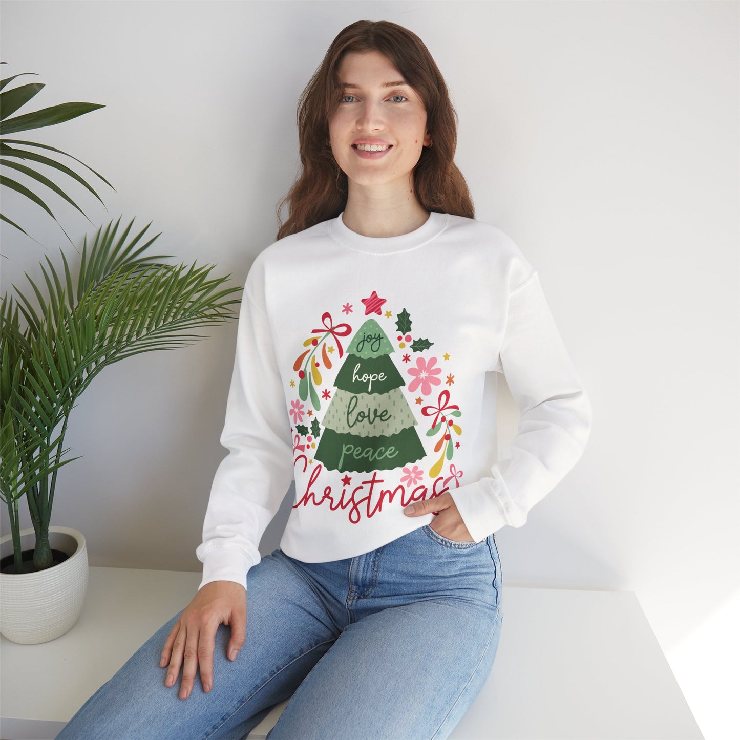 Christmas Tree  Sweatshirt — Joy Hope Love Peace Holiday Pullover