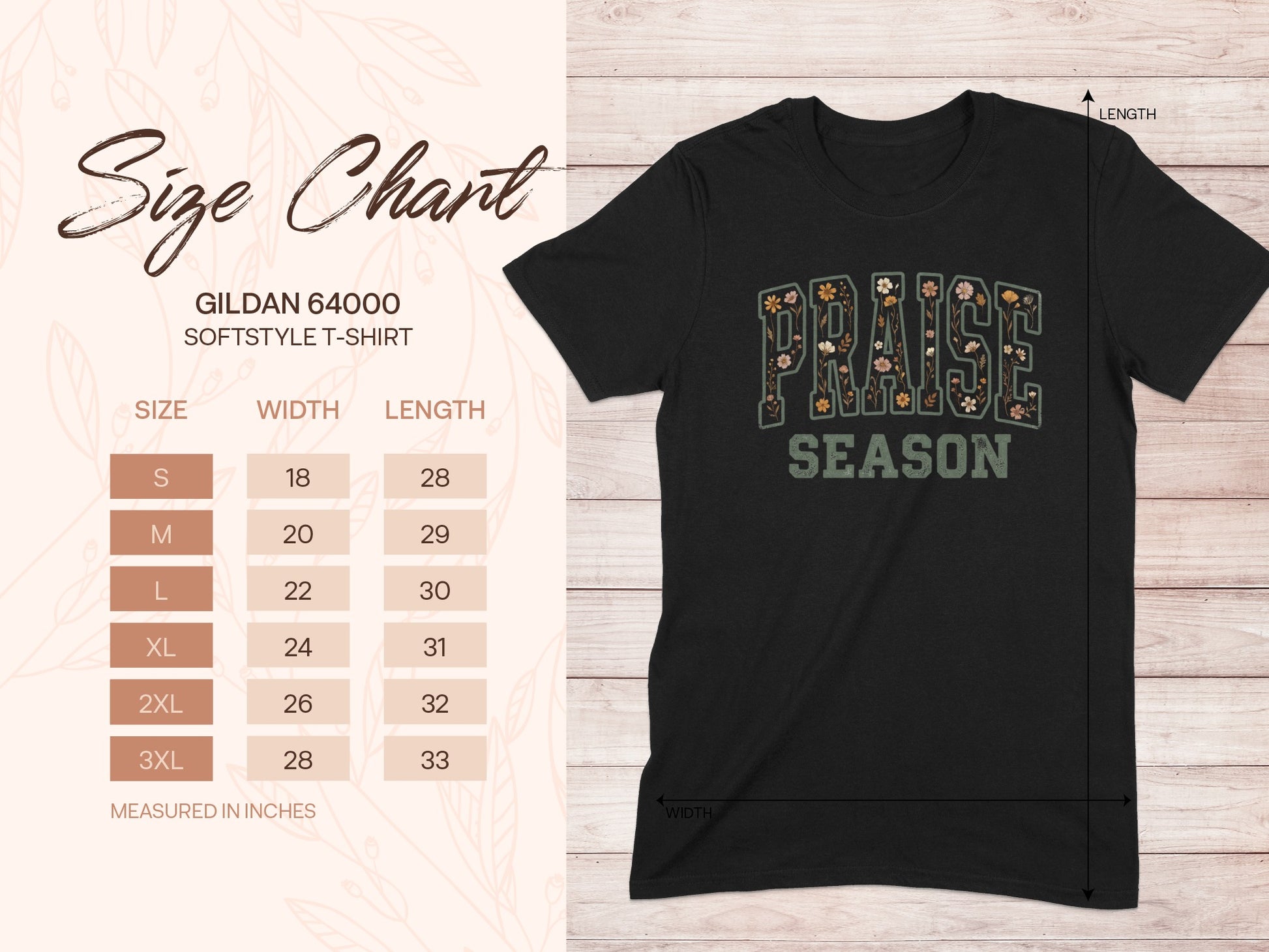 Gildan 64000 softstyle t-shirt size chart with width and length measurements in inches.