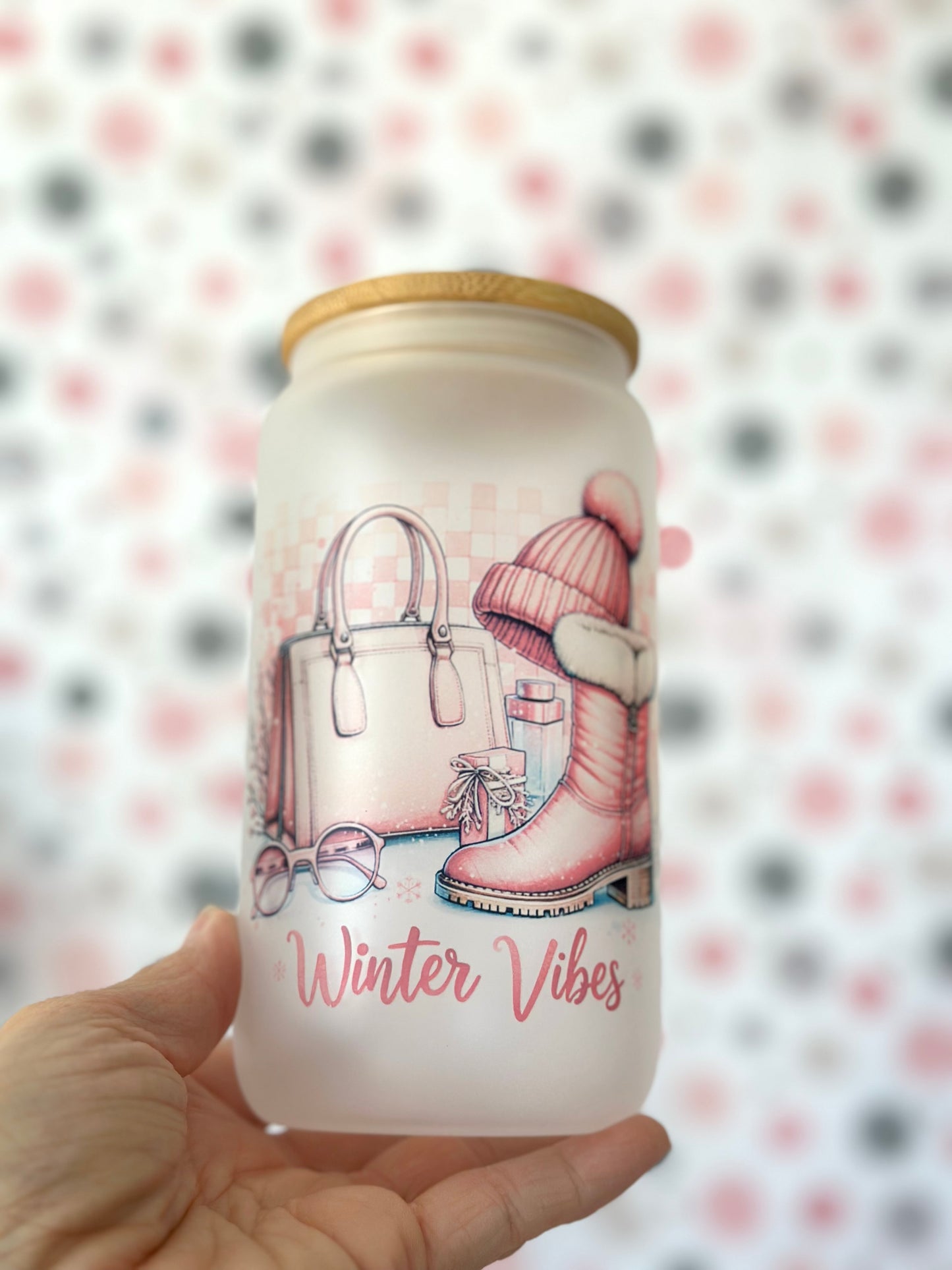 Winter Vibes Sipper Glass Can Tumbler, 16oz Pink Girly Cold Weather Stocking Hat Boots Purse