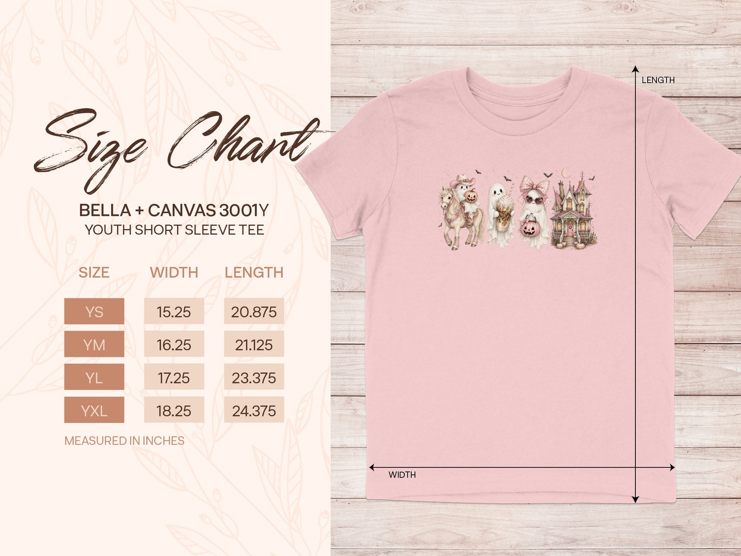 BELLA + CANVAS 3001Y youth short sleeve tee size chart with width and length measurements in inches.