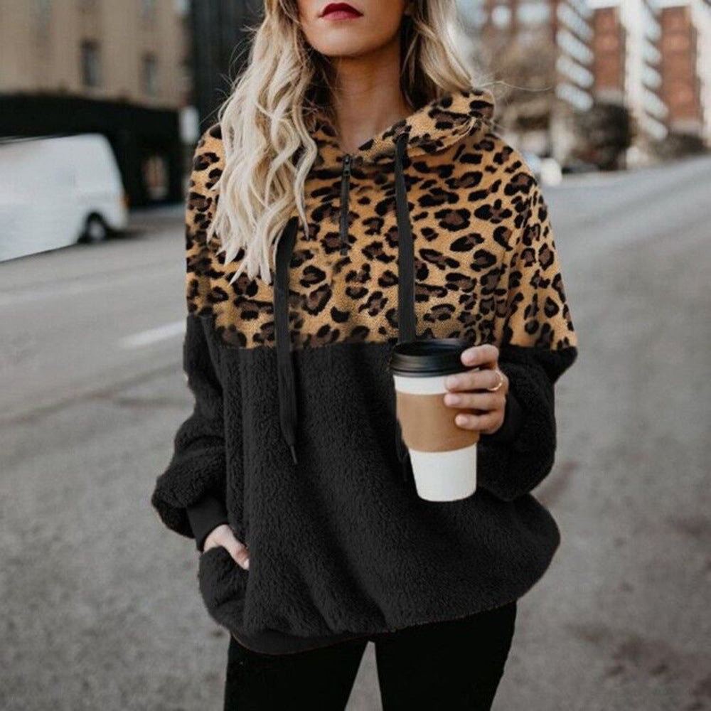 Leopard Print Hooded Sweater Loose Fall Winter Women Clothes