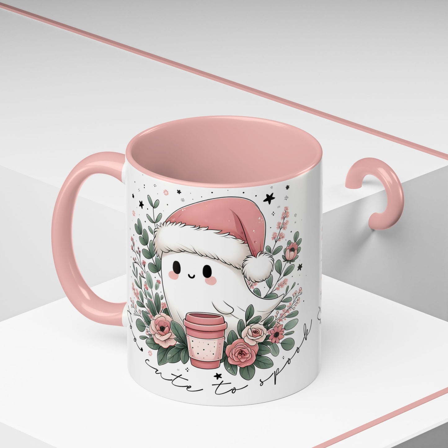 Too Cute to Spook Mug | Ghost with Pink Santa Hat & Coffee | Pastel Christmas Holiday Mug