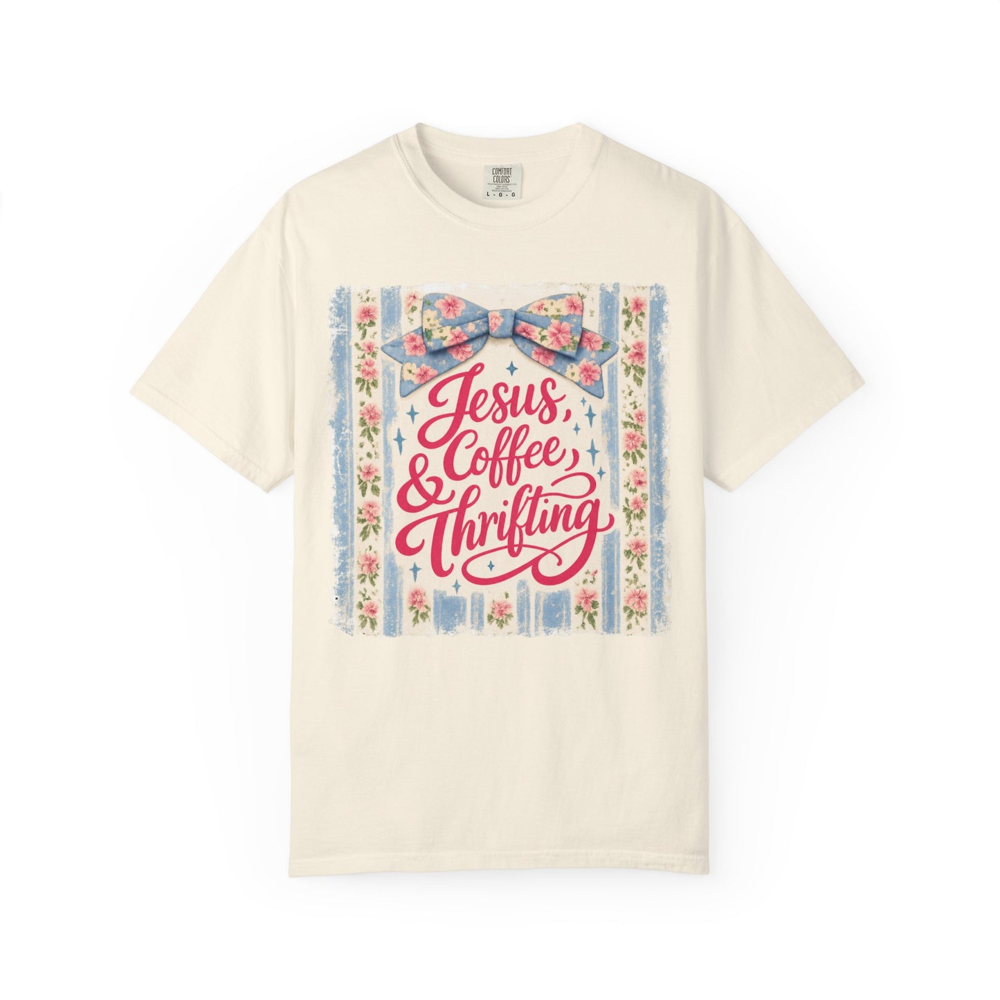 Jesus, Coffee & Thrifting Tee — Antique Fresh Brew Faith Shirt with Stripes & Bow