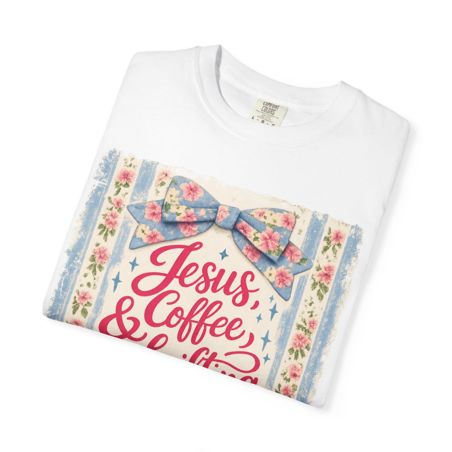 Jesus, Coffee & Thrifting Tee — Antique Fresh Brew Faith Shirt with Stripes & Bow