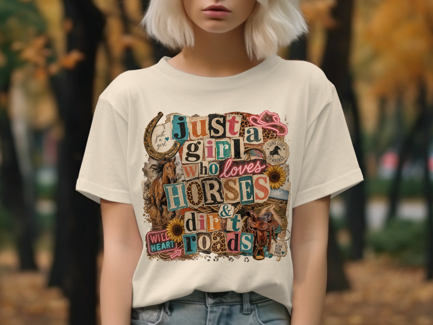 Cream t-shirt with "Just a girl who loves horses & dirt roads" graphic.