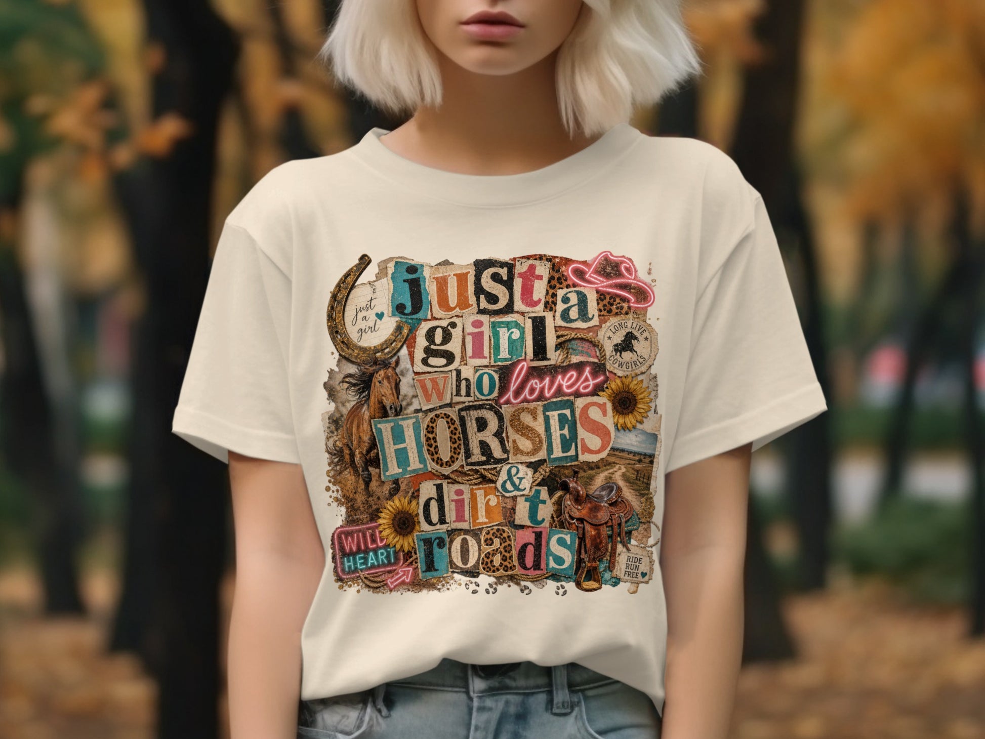 Cream t-shirt with "Just a girl who loves horses & dirt roads" graphic.