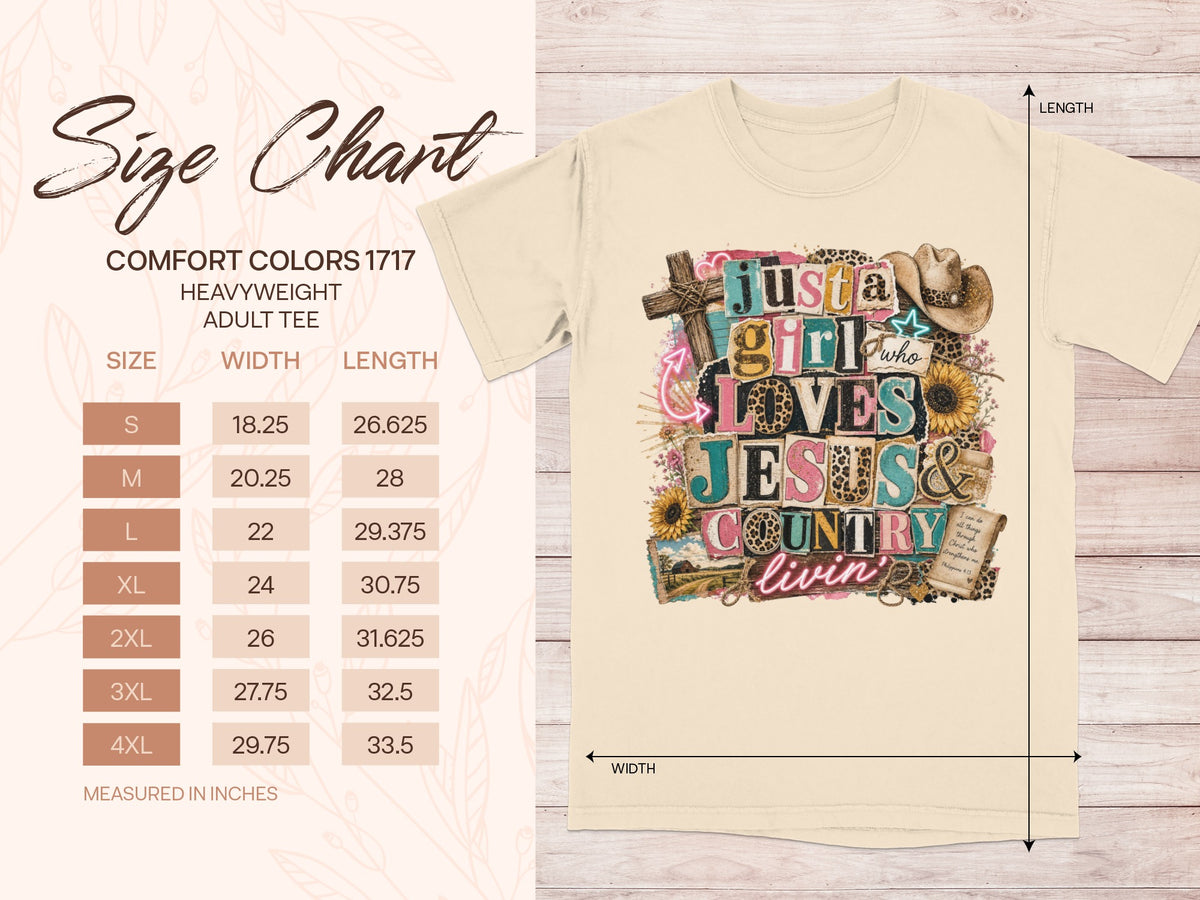 Cream t-shirt with "Just a girl who loves Jesus & country livin'" graphic and size chart.