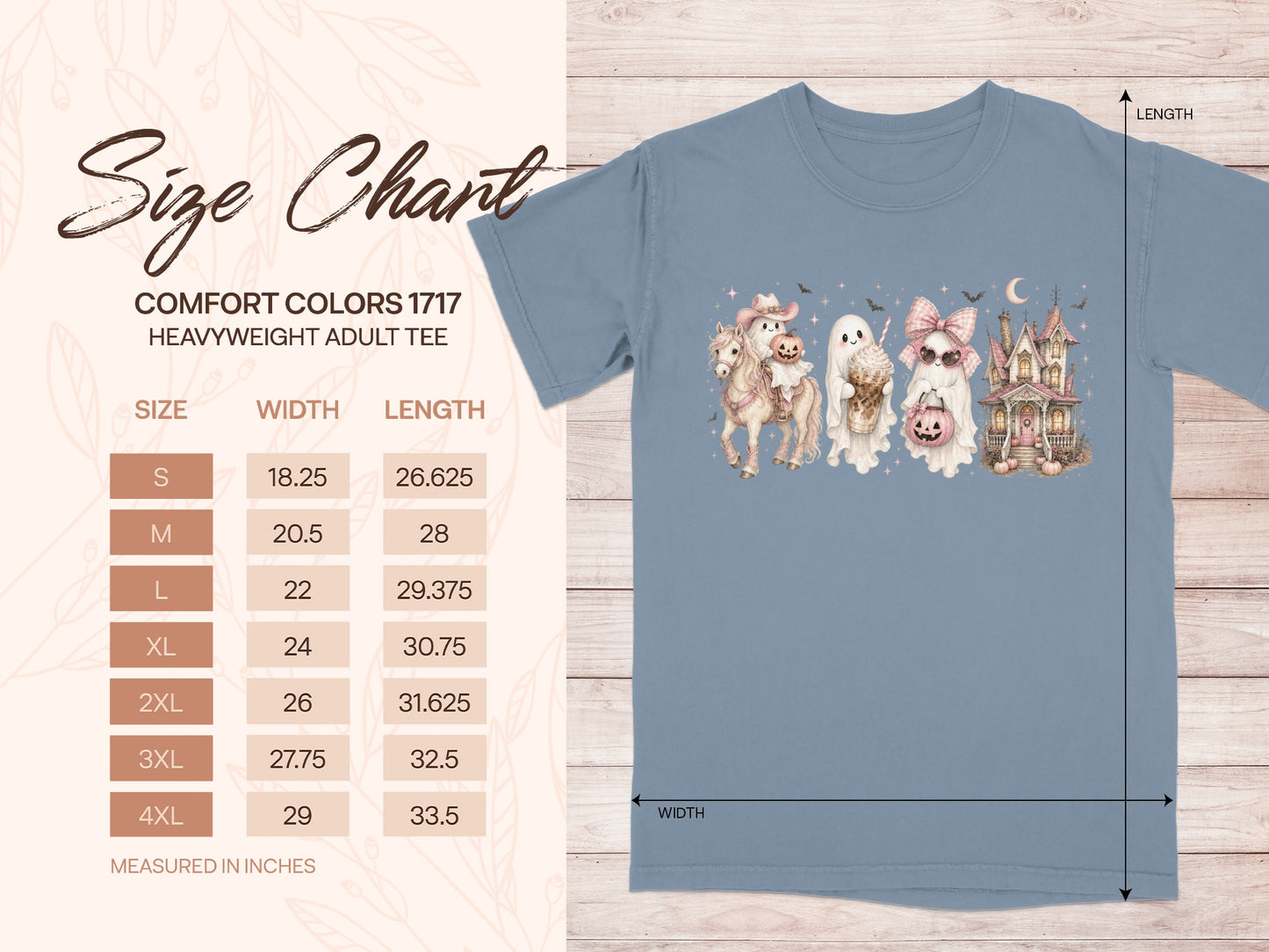 Comfort Colors 1717 size chart for heavyweight adult tees with measurement metrics.