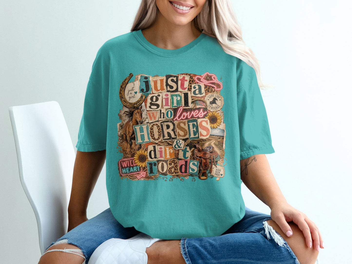 Just a girl who loves horses & dirt roads collage design on teal t-shirt.