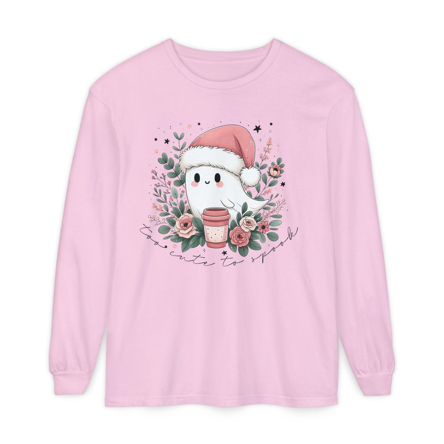 Too Cute to Spook Long Sleeve T-Shirt, Watercolor Ghost with Pink Santa Hat, Coffee & Florals, Pastel Christmas Holiday Apparel
