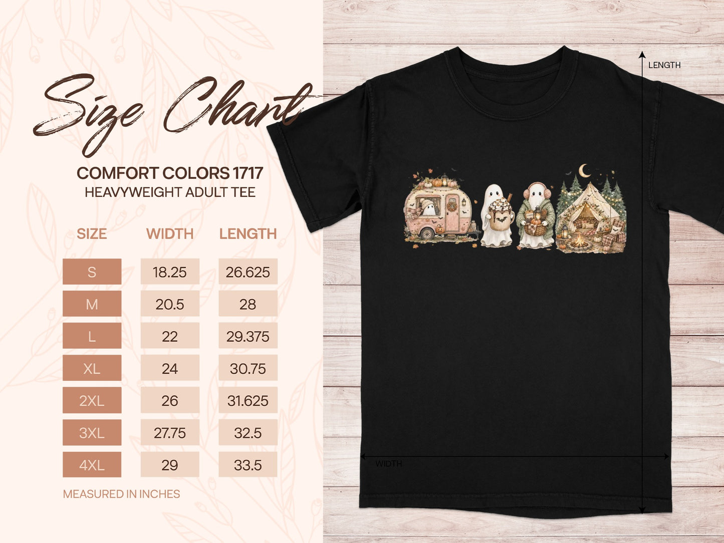 Size chart for Comfort Colors 1717 heavyweight adult tee with measurements.