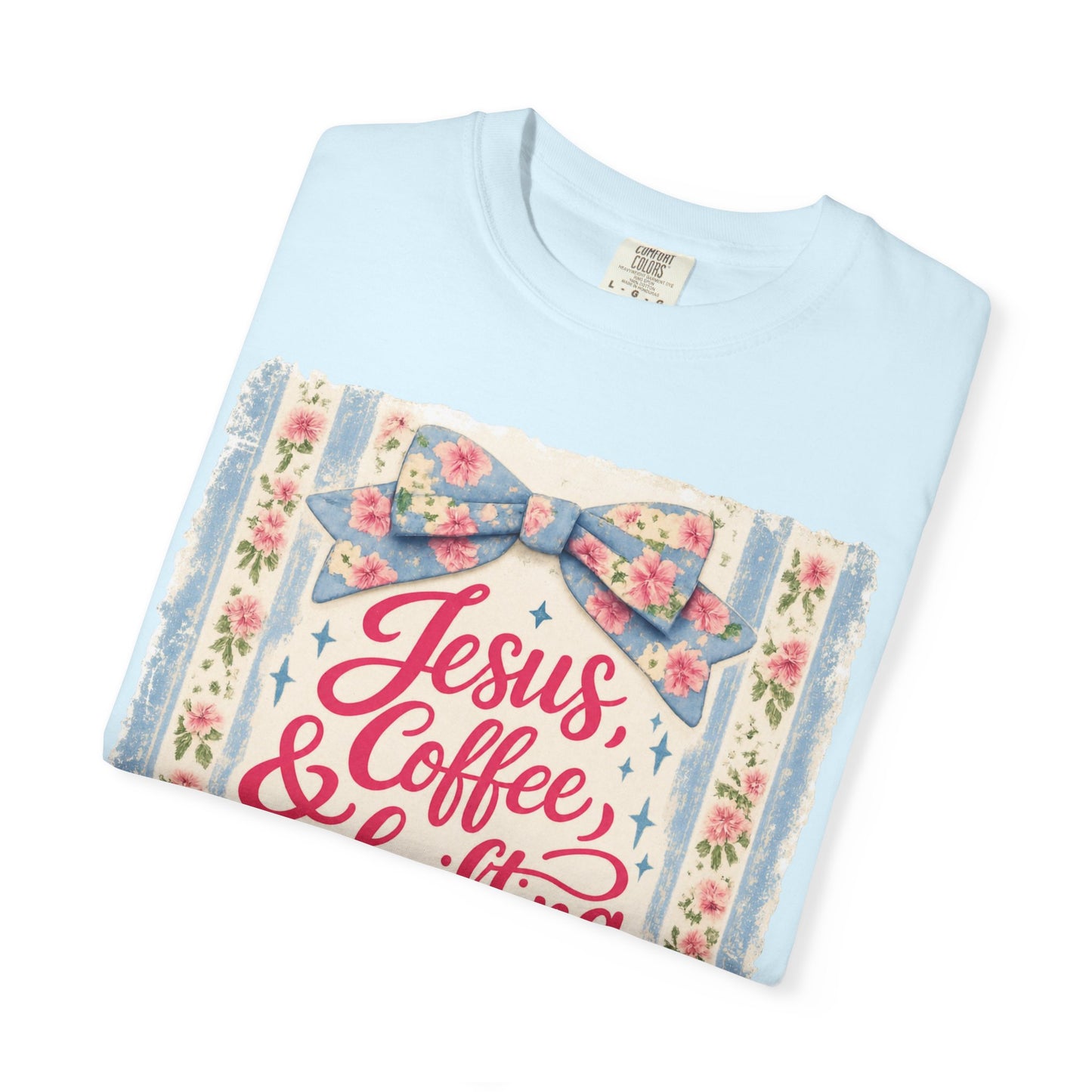 Jesus, Coffee & Thrifting Tee — Antique Fresh Brew Faith Shirt with Stripes & Bow