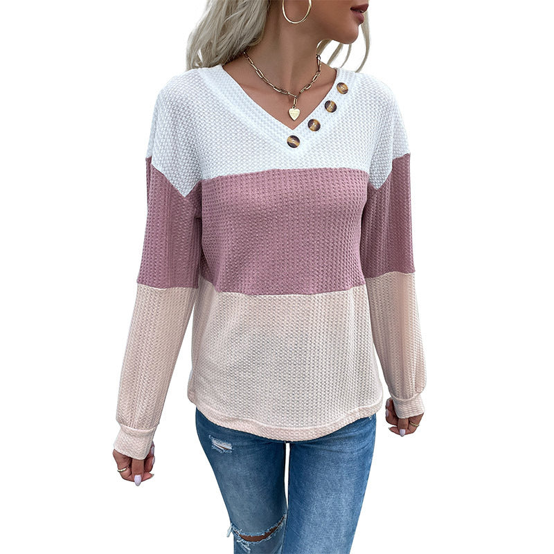 Pullover Color Blocking V-neck Waffle Knit For Women