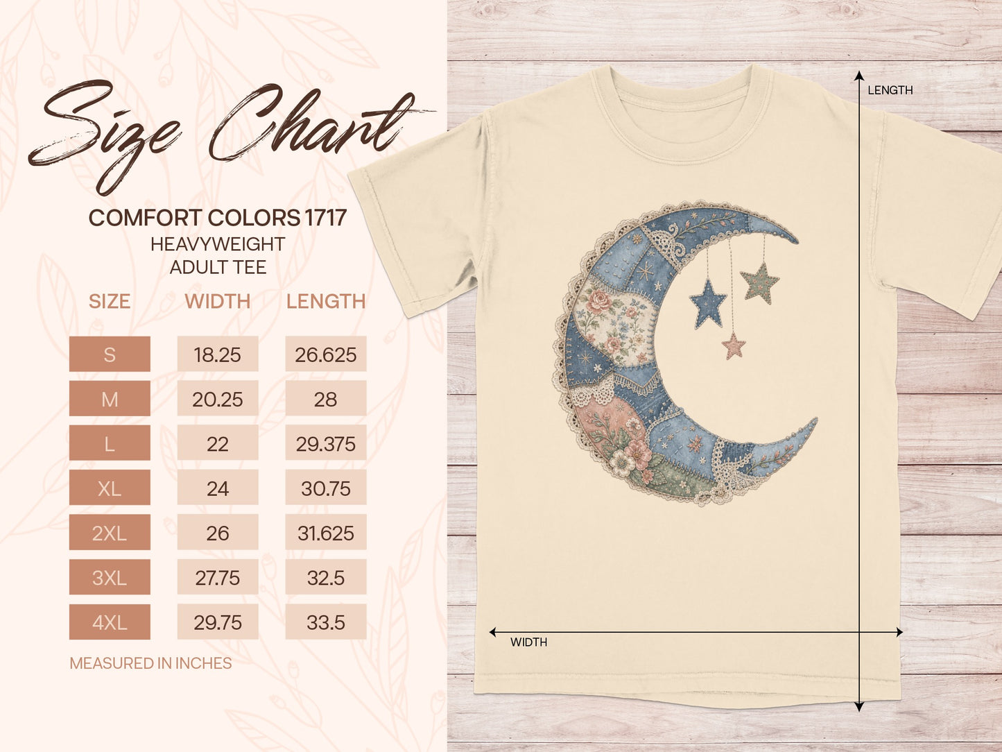 Comfort Colors 1717 heavyweight adult tee size chart in inches.