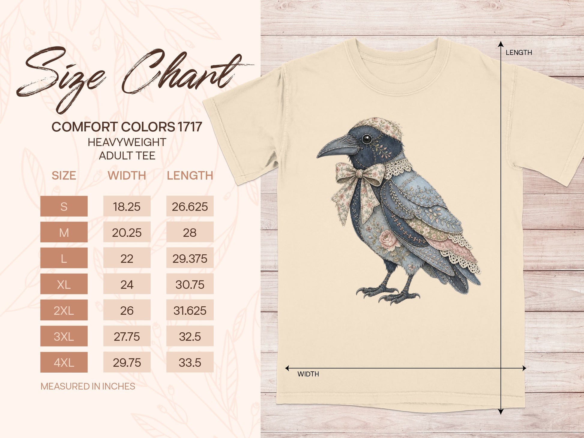 Comfort Colors 1717 heavyweight adult tee size chart with crow graphic.