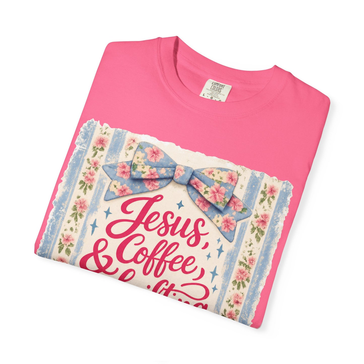 Jesus, Coffee & Thrifting Tee — Antique Fresh Brew Faith Shirt with Stripes & Bow