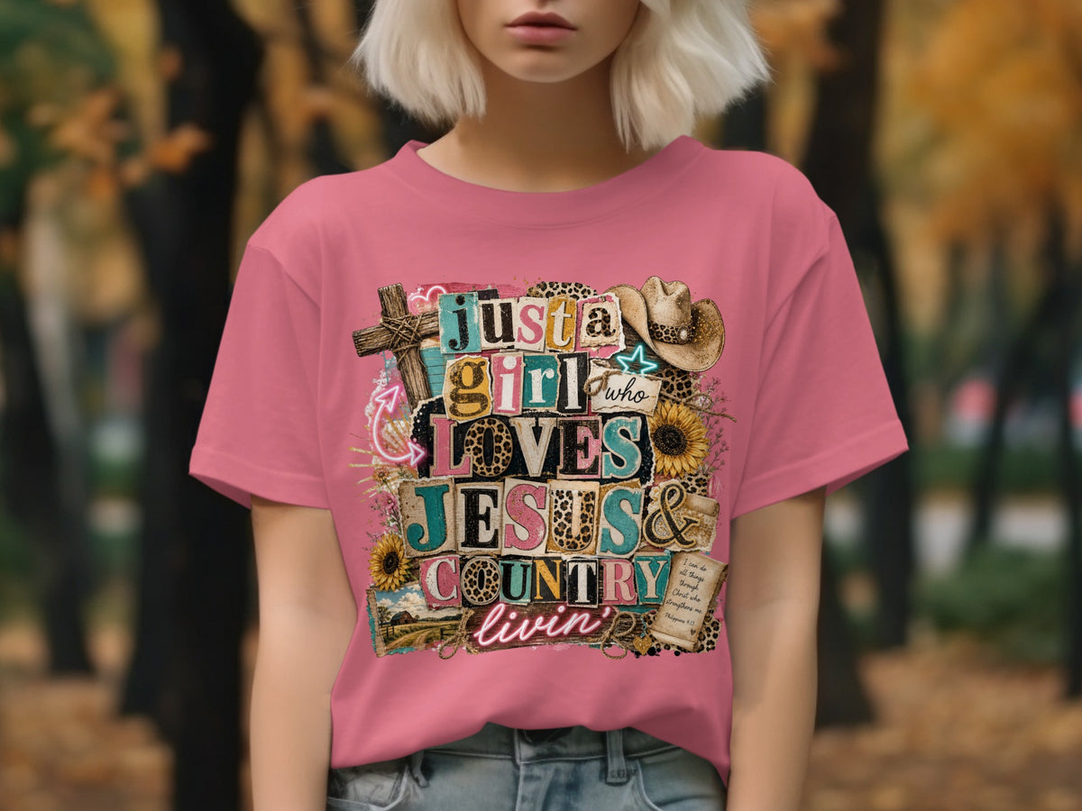 Just a girl who loves Jesus & country livin' graphic tee with cowboy hat.