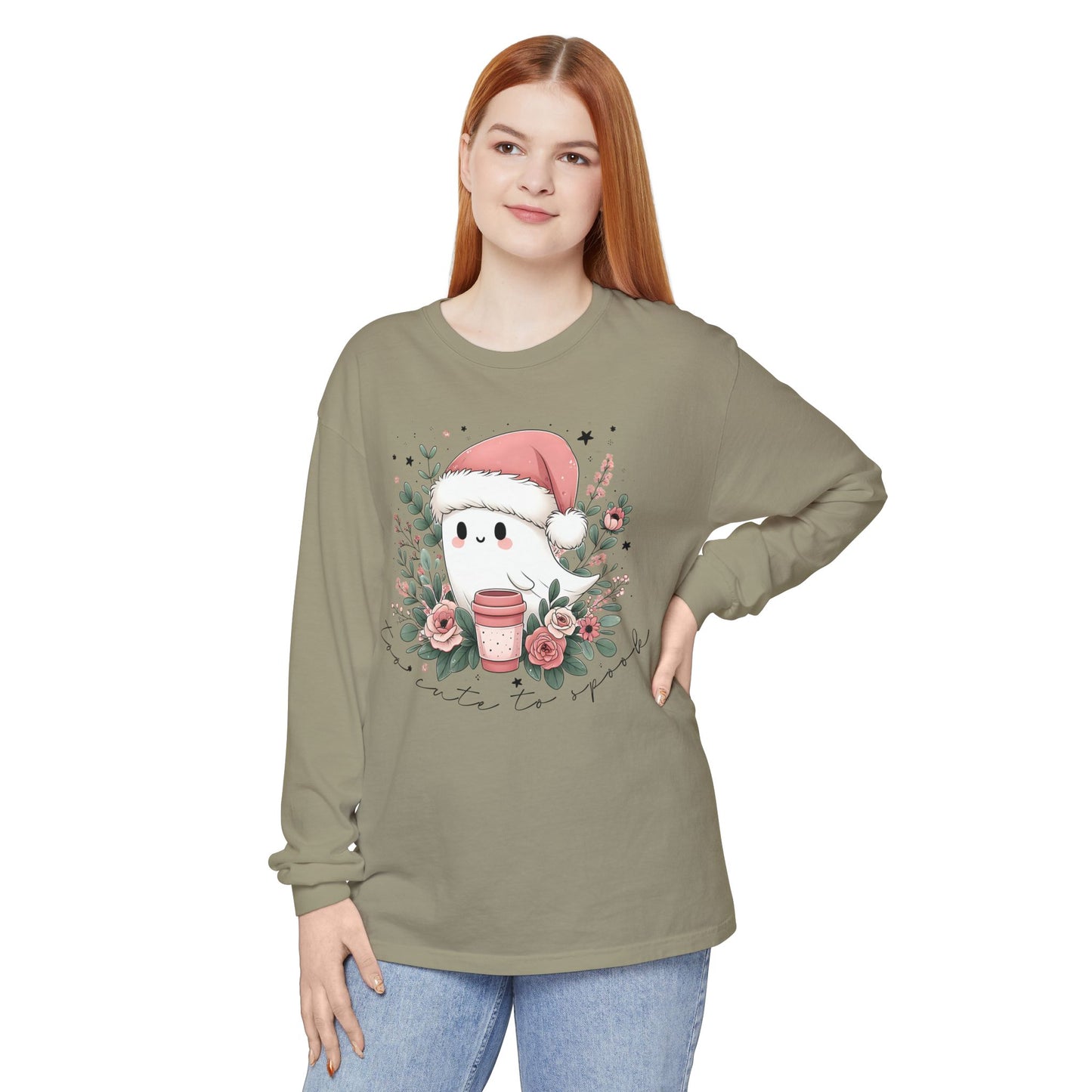 Too Cute to Spook Long Sleeve T-Shirt, Watercolor Ghost with Pink Santa Hat, Coffee & Florals, Pastel Christmas Holiday Apparel