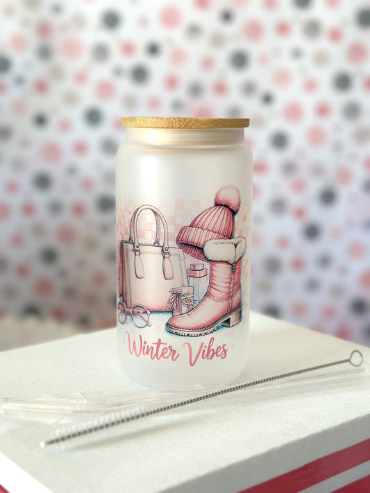 Winter Vibes Sipper Glass Can Tumbler, 16oz Pink Girly Cold Weather Stocking Hat Boots Purse