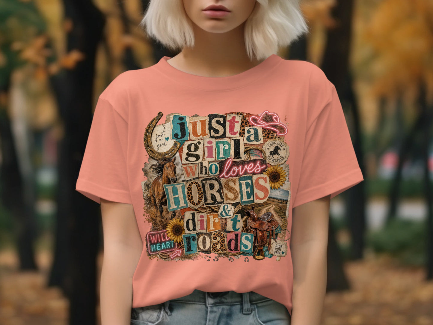 Just a girl who loves horses and dirt roads graphic tee.