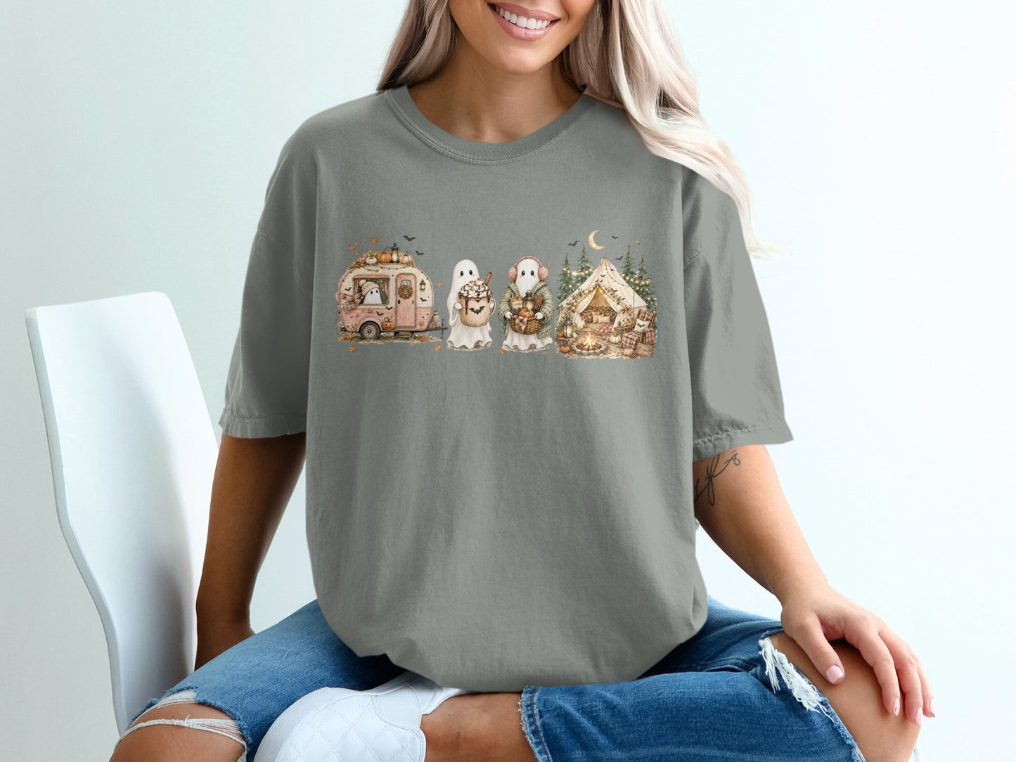 T-shirt with watercolor ghosts, vintage camper, tent, and fall accents.