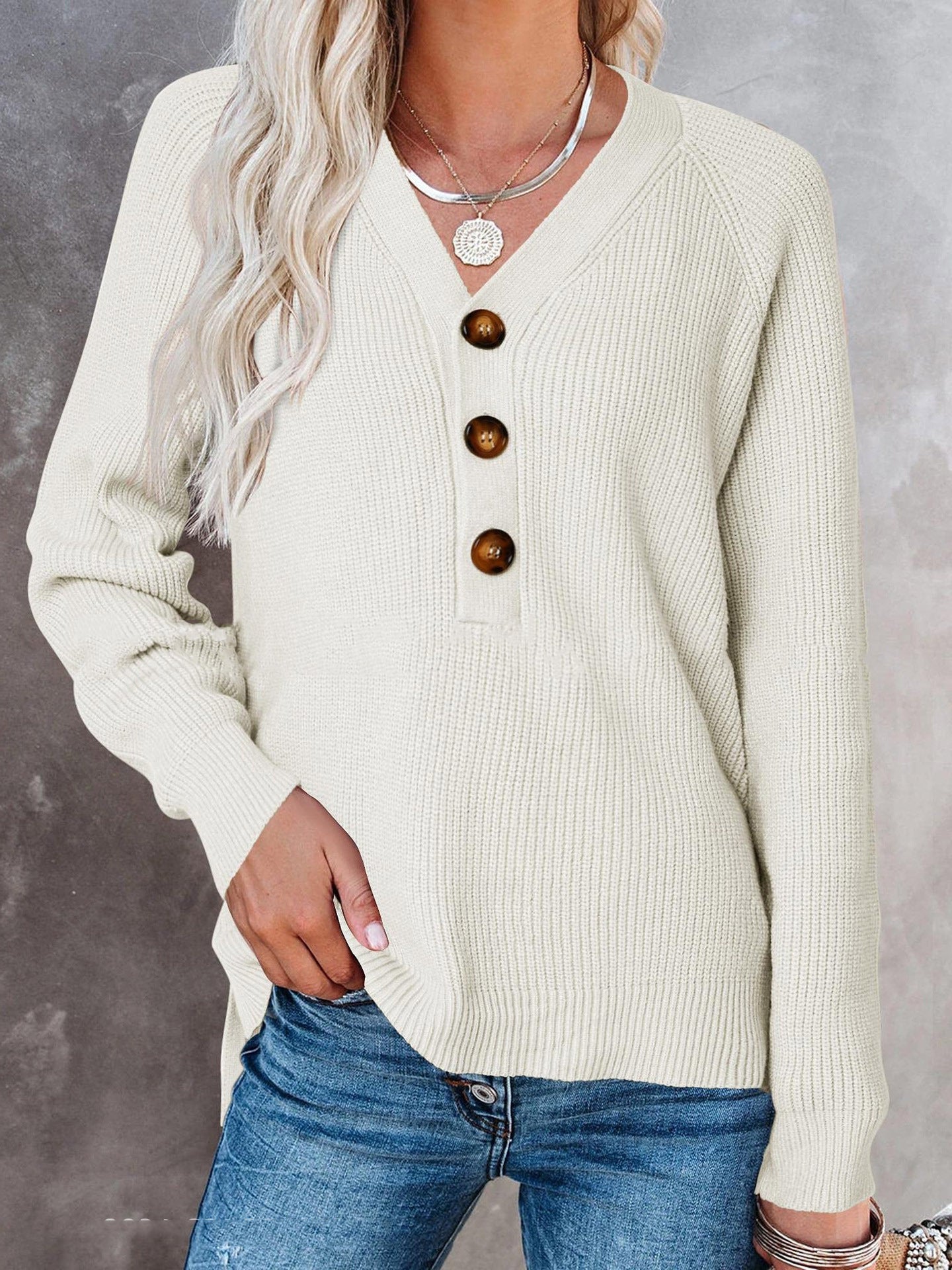 Knitted V-Neck Button Sweater