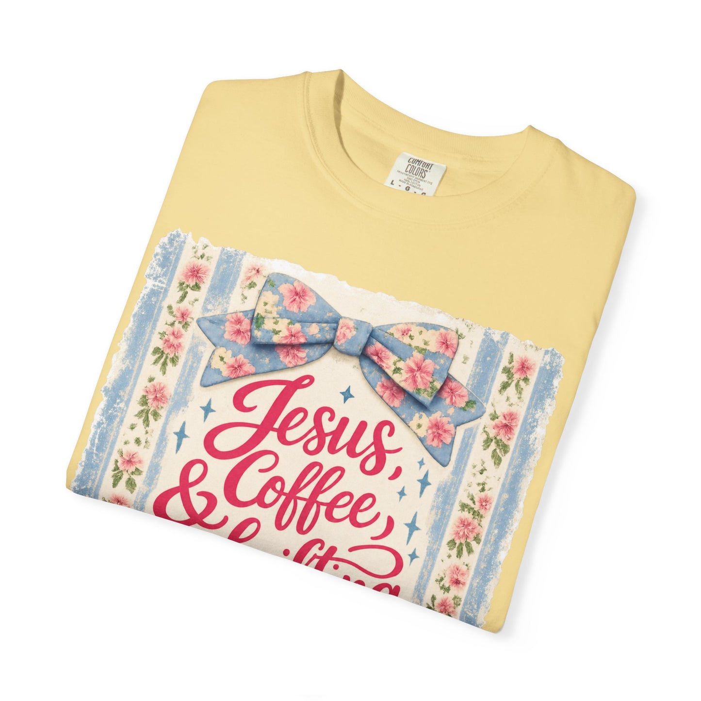 Jesus, Coffee & Thrifting Tee — Antique Fresh Brew Faith Shirt with Stripes & Bow