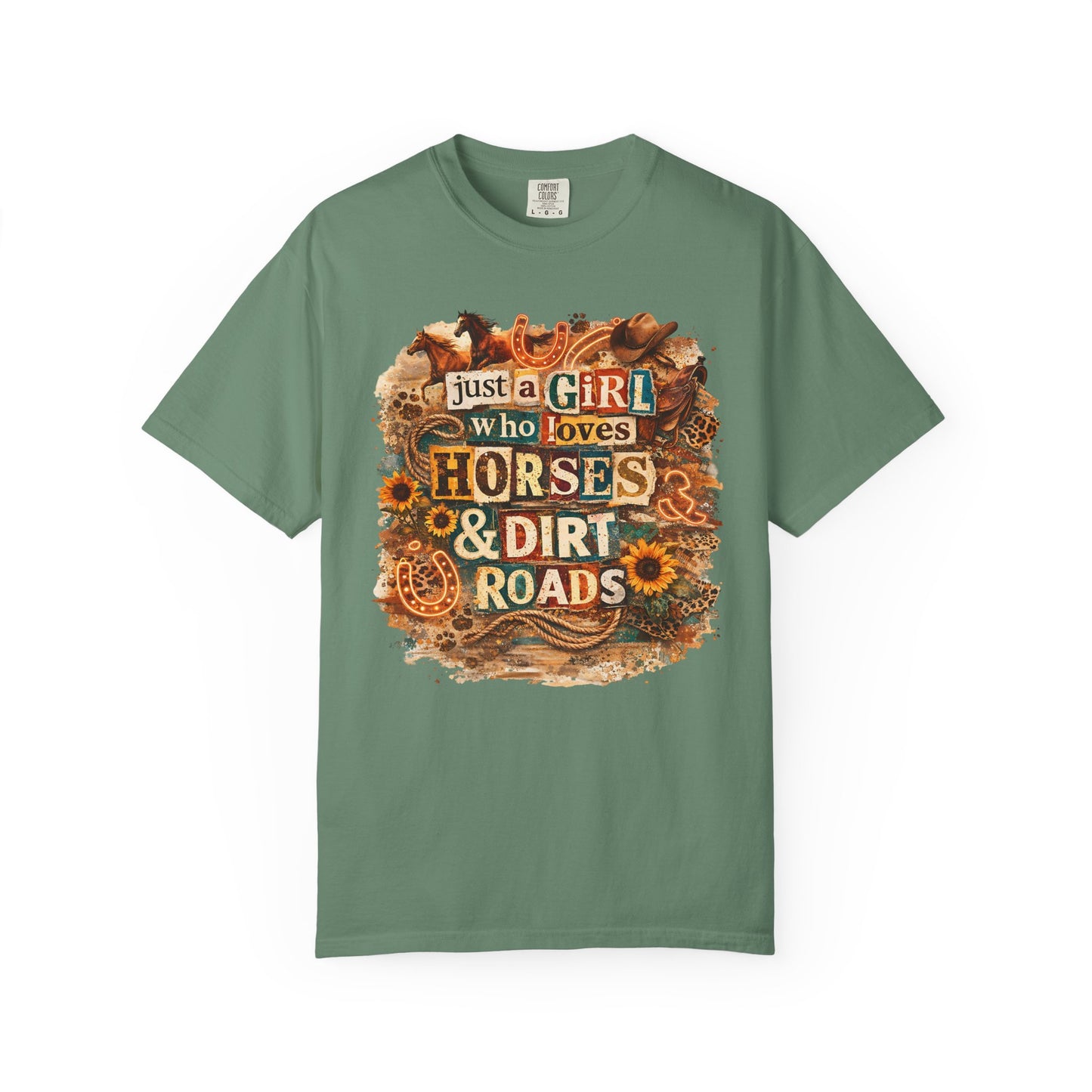 Just a Girl Who Loves Horses & Dirt Roads Shirt | Horse Girl Graphic Tee | Equestrian Gift for Women | Western Boho Shirt | Cowgirl Rodeo Tee