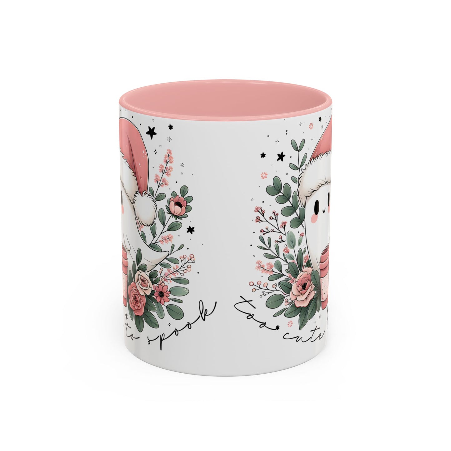 Too Cute to Spook Mug | Ghost with Pink Santa Hat & Coffee | Pastel Christmas Holiday Mug