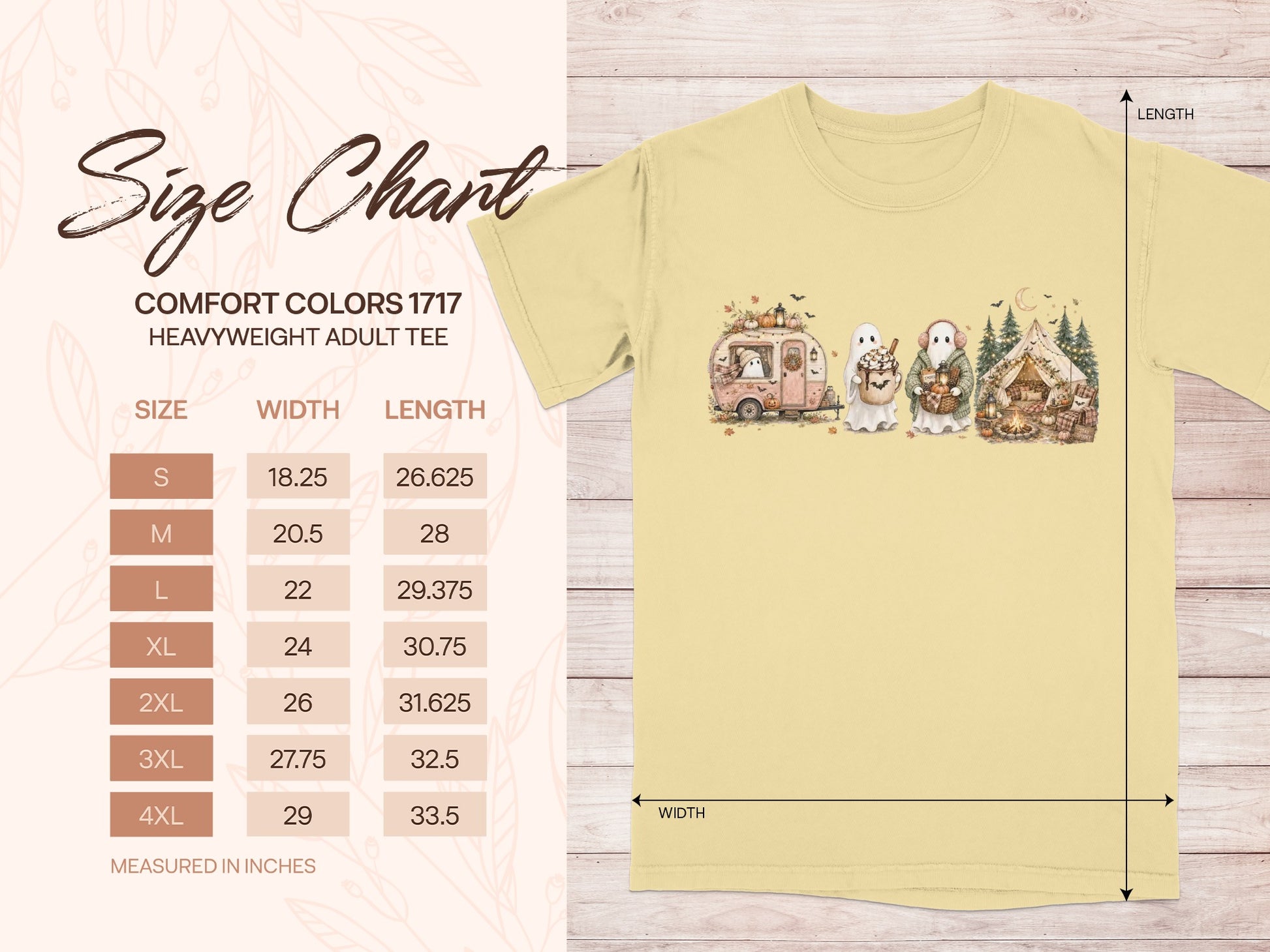 Comfort Colors 1717 Heavyweight adult tee size chart with width and length measurements shown in inches.