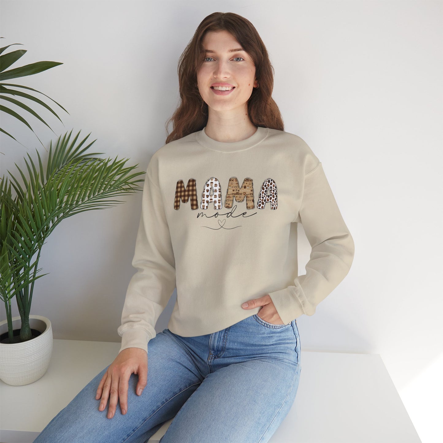 Mama Mode Sweatshirt | Cozy Gift for Moms, Casual Wear, Birthday, Mother's Day, Everyday Comfort, Mom Life, Coffee Lovers, Leopard Print, Cozy Plaid