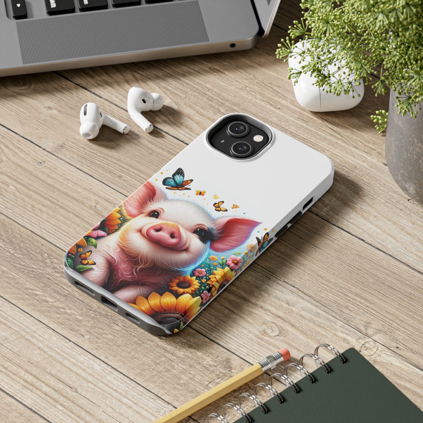 Cute Pig Surrounded With Sunflowers and Butterflies Phone Case