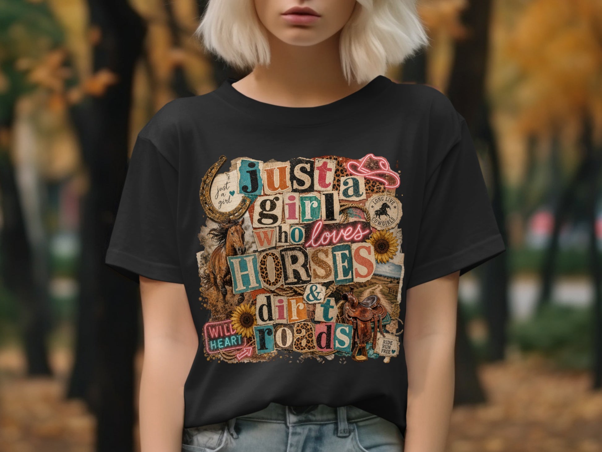 Black t-shirt with "Just a girl who loves horses & dirt roads" graphic.