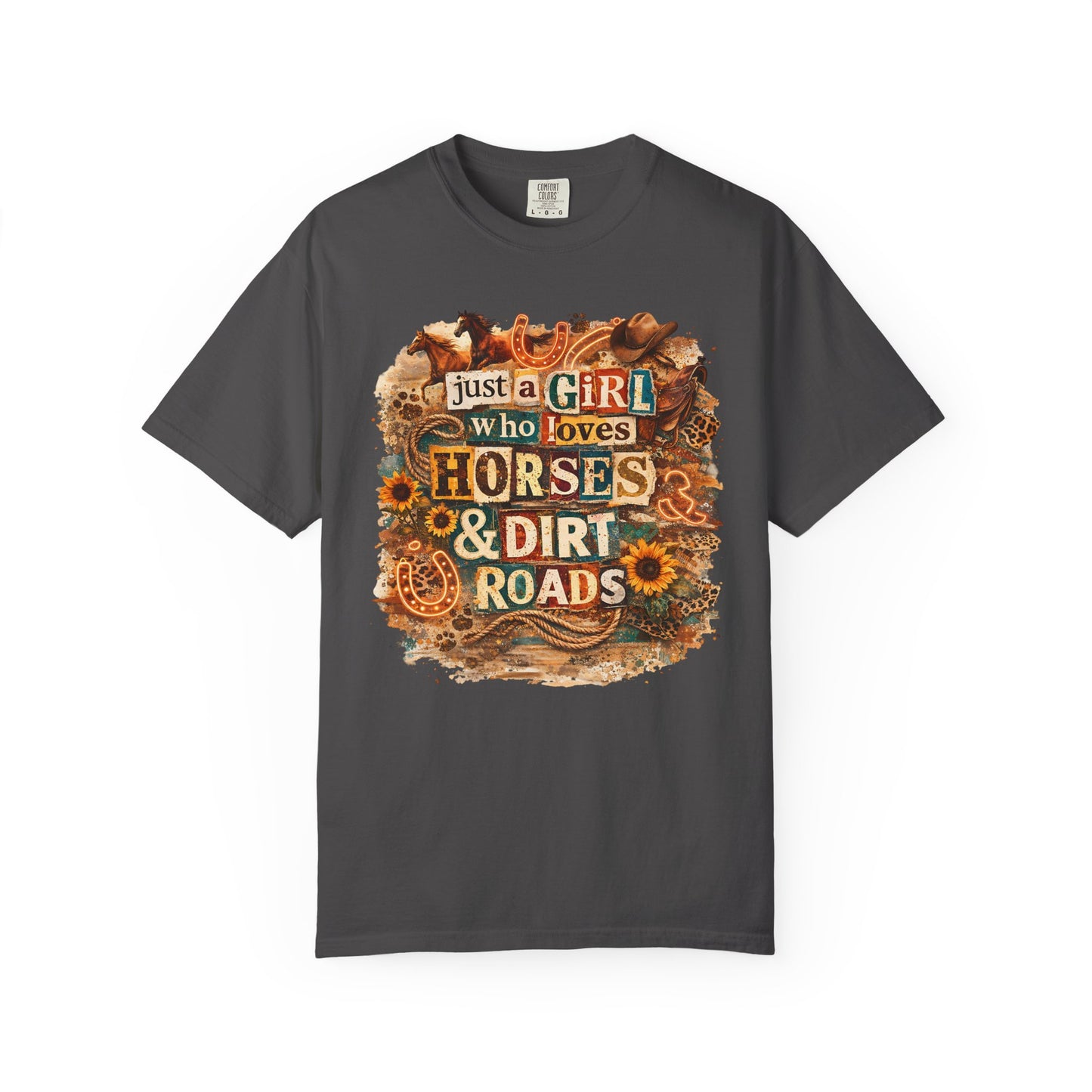 Just a Girl Who Loves Horses & Dirt Roads Shirt | Horse Girl Graphic Tee | Equestrian Gift for Women | Western Boho Shirt | Cowgirl Rodeo Tee