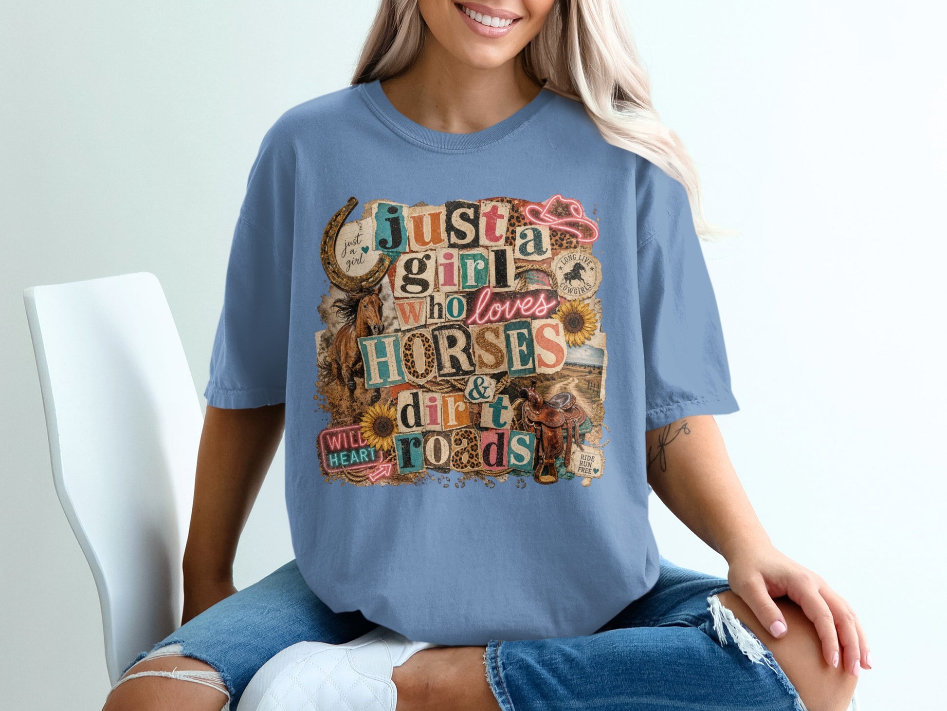 Blue t-shirt with collage design saying "just a girl who loves HORSES & dirt roads".