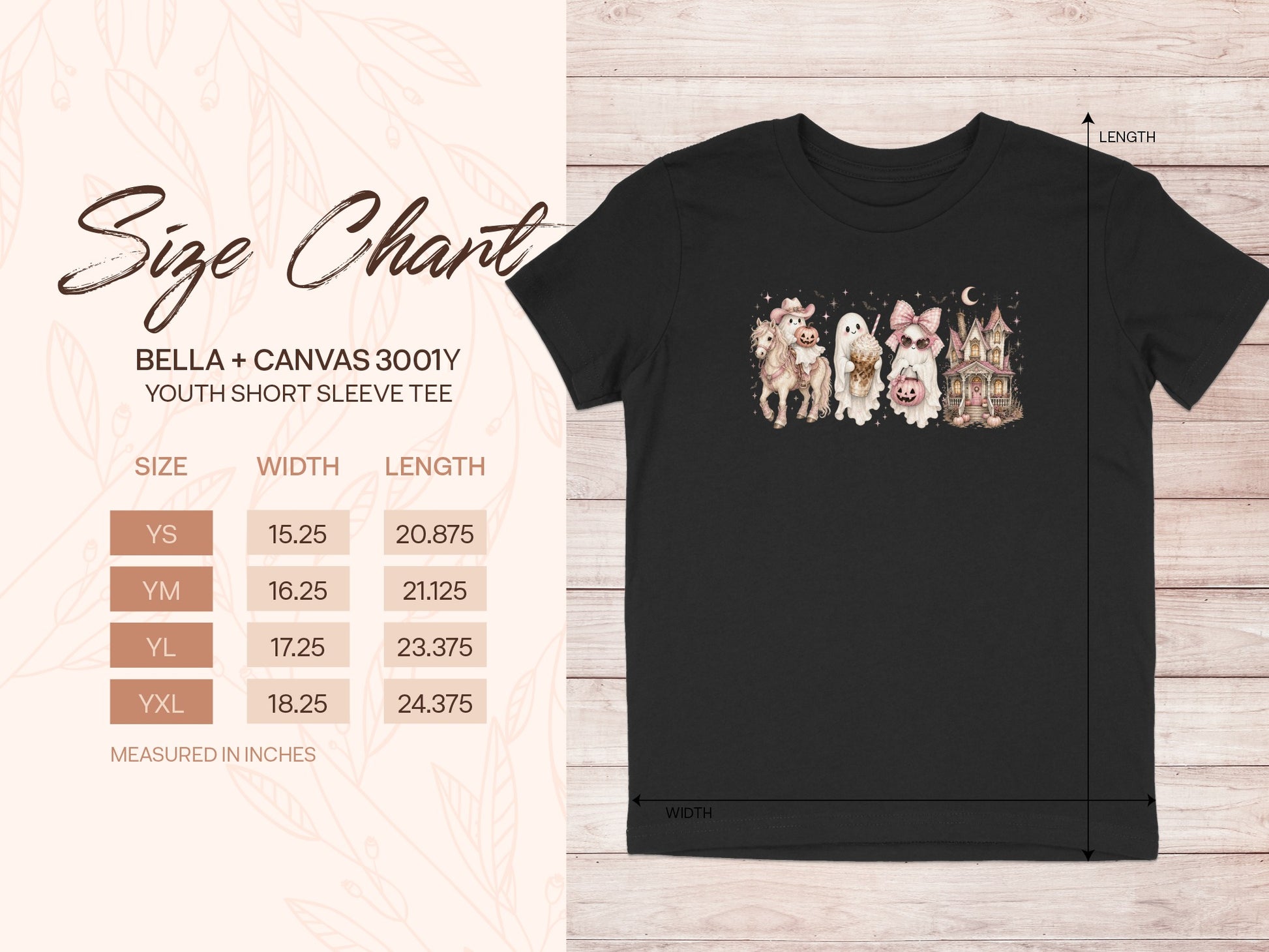 Bella + Canvas 3001Y youth t-shirt size chart with measurements in inches.